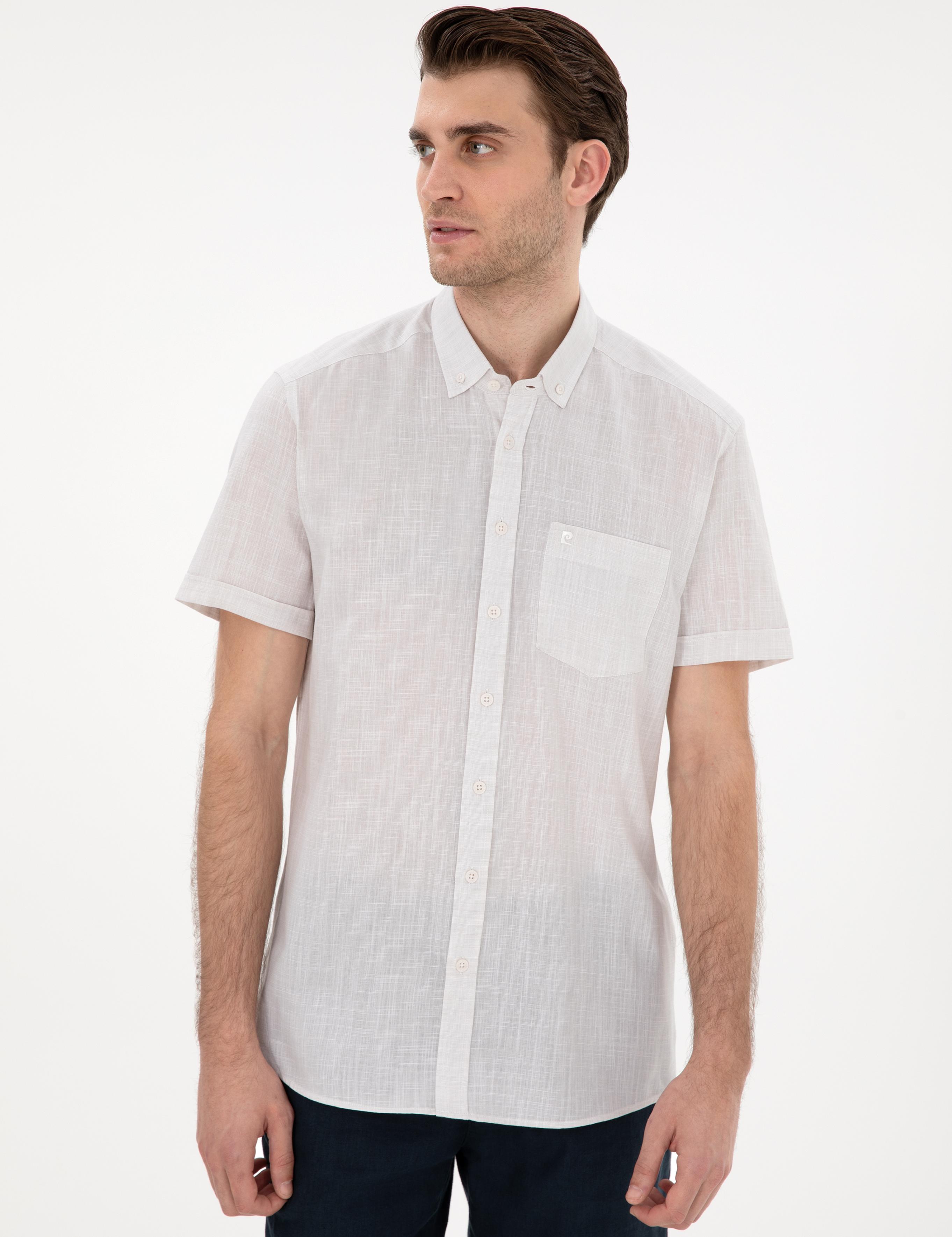 Bej Keten Görünümlü Regular Fit Kısa Kollu Gömlek