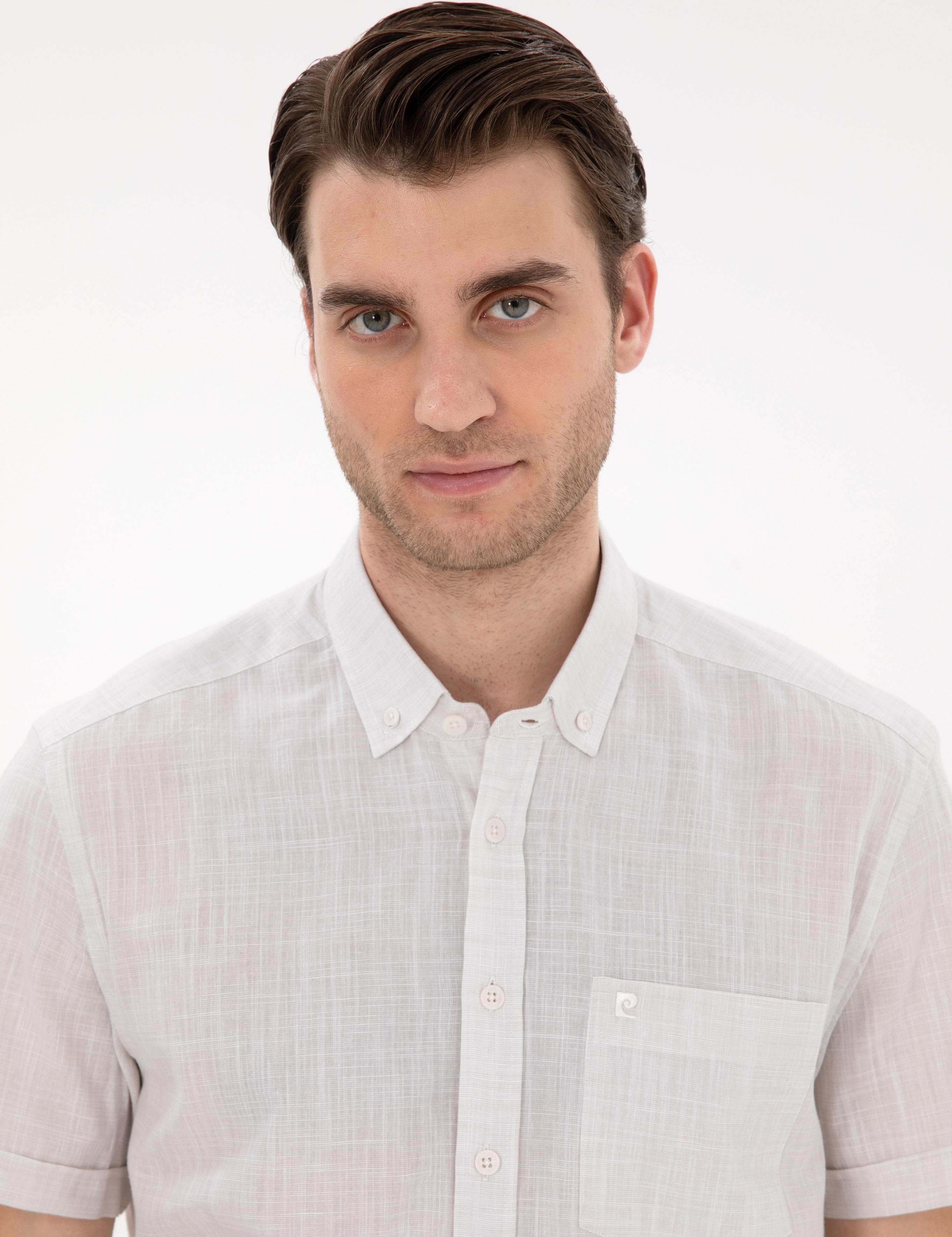 Bej Keten Görünümlü Regular Fit Kısa Kollu Gömlek