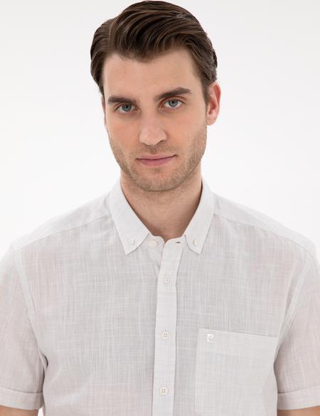 Bej Keten Görünümlü Regular Fit Kısa Kollu Gömlek - 50306950026