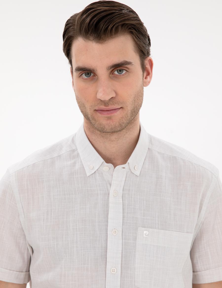 Bej Keten Görünümlü Regular Fit Kısa Kollu Gömlek