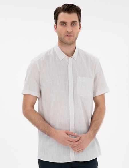 Bej Keten Görünümlü Regular Fit Kısa Kollu Gömlek - 50306950026