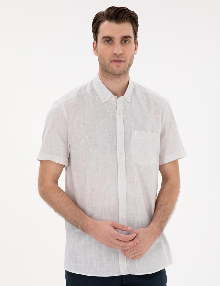 Bej Keten Görünümlü Regular Fit Kısa Kollu Gömlek