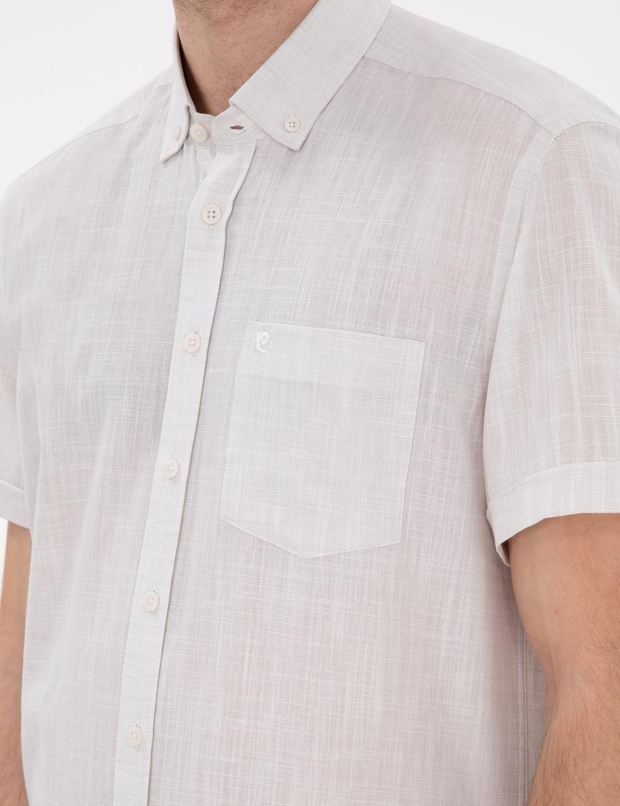 Bej Keten Görünümlü Regular Fit Kısa Kollu Gömlek