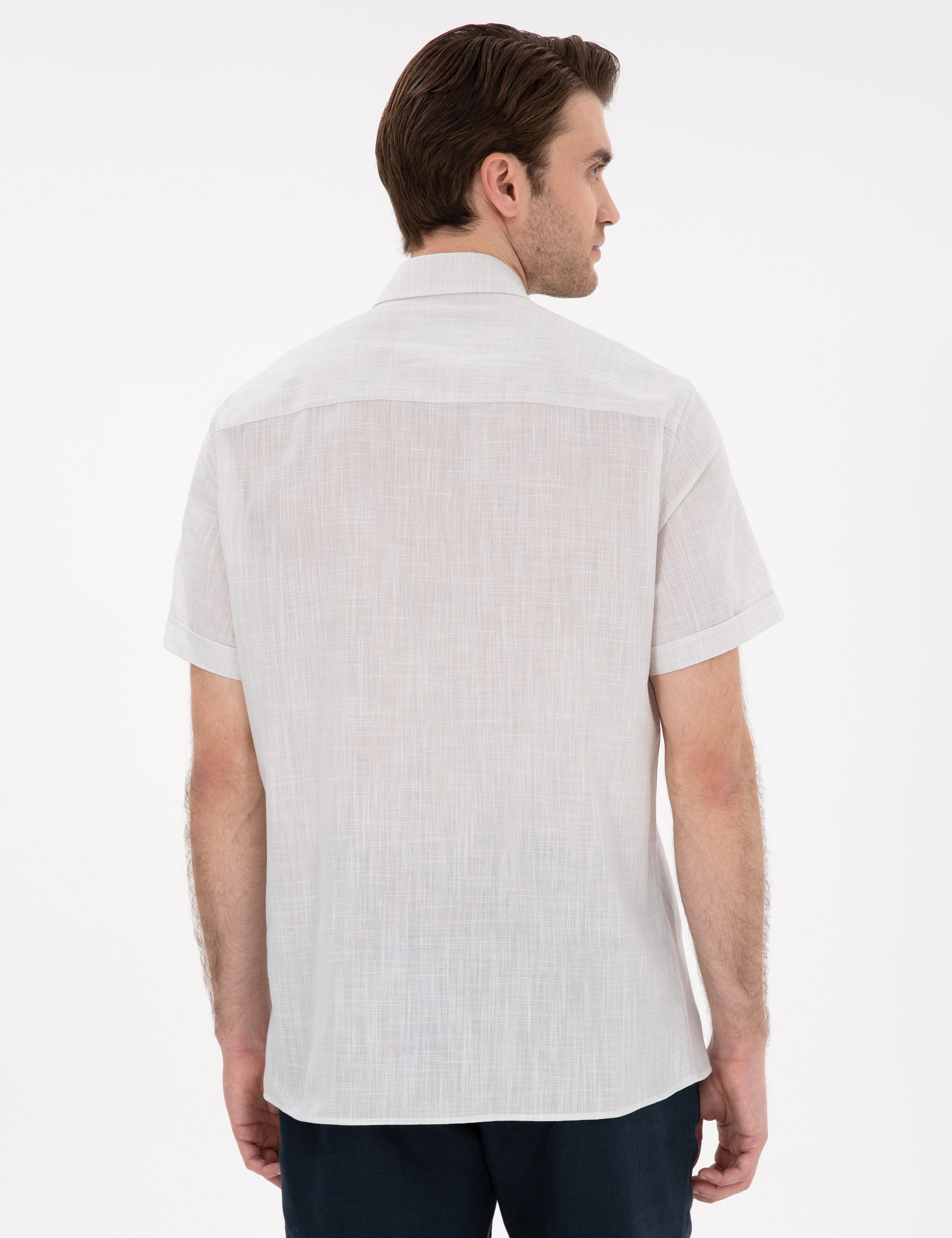 Bej Keten Görünümlü Regular Fit Kısa Kollu Gömlek