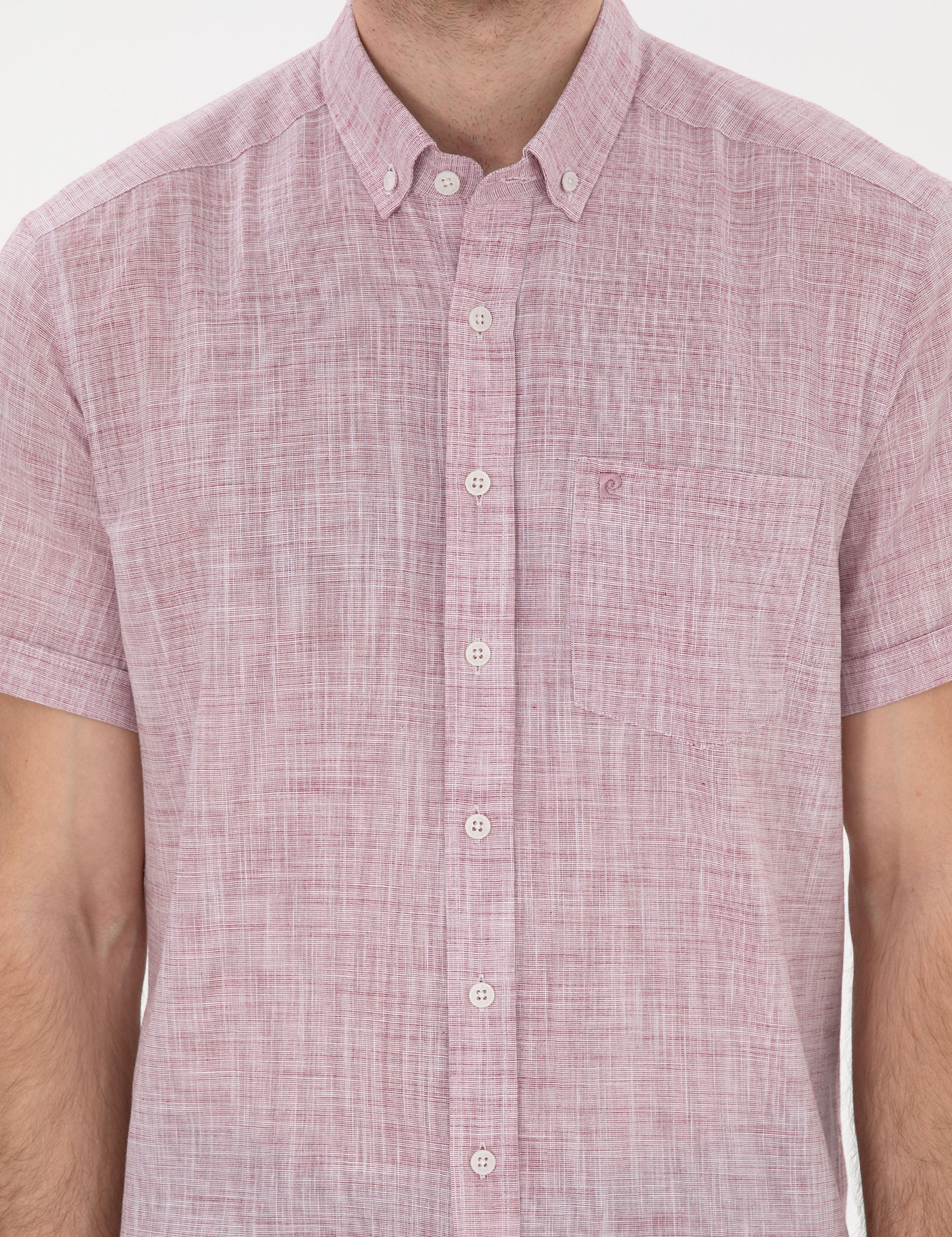 Bordo Keten Görünümlü Regular Fit Kısa Kollu Gömlek