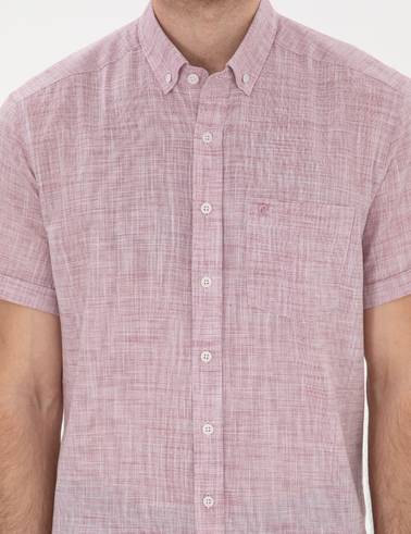 Bordo Keten Görünümlü Regular Fit Kısa Kollu Gömlek