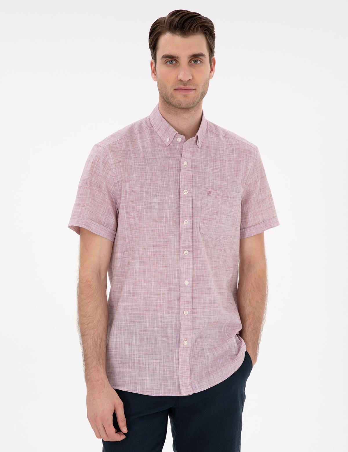 Bordo Keten Görünümlü Regular Fit Kısa Kollu Gömlek