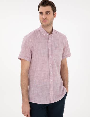 Bordo Keten Görünümlü Regular Fit Kısa Kollu Gömlek