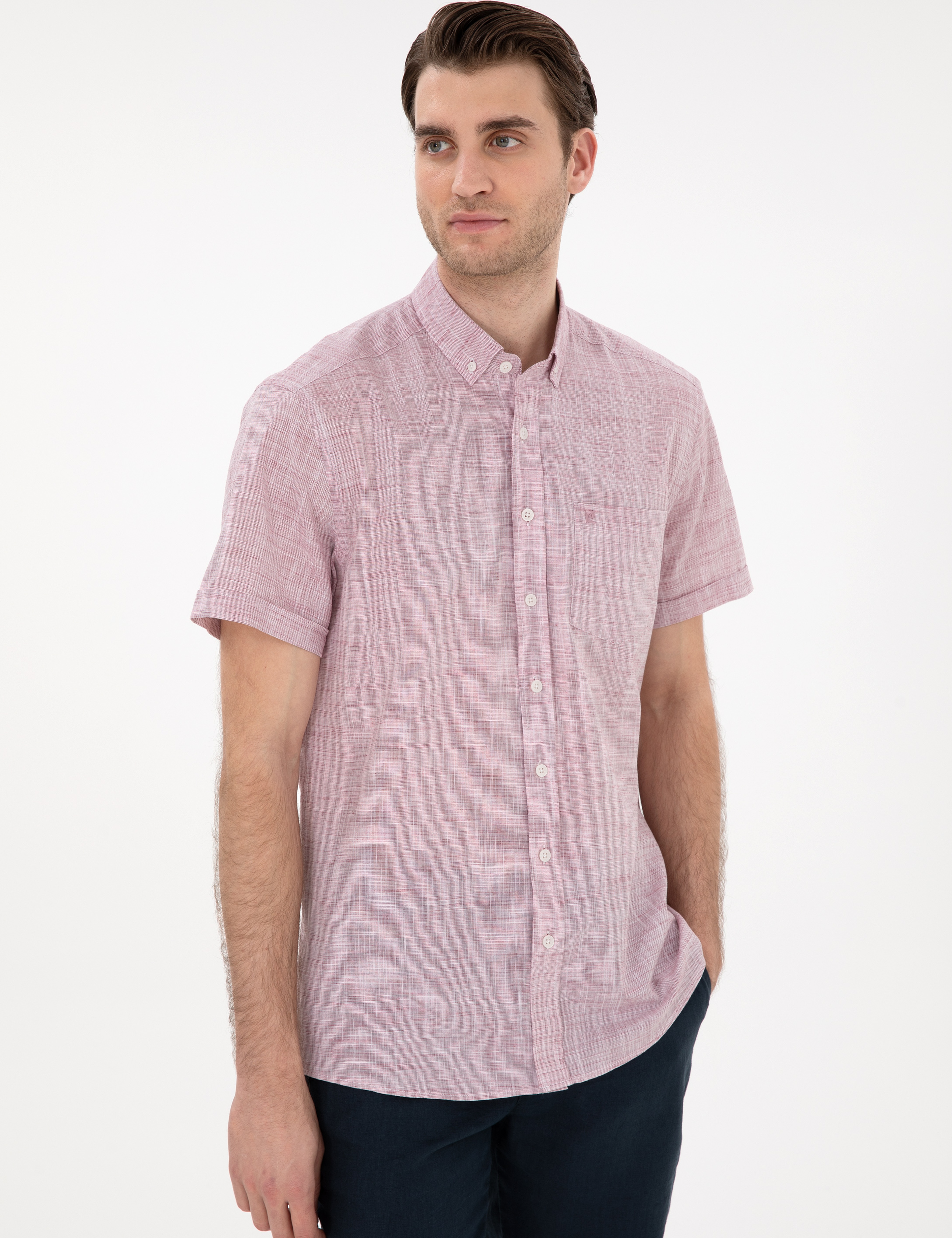 Bordo Keten Görünümlü Regular Fit Kısa Kollu Gömlek - Image 3