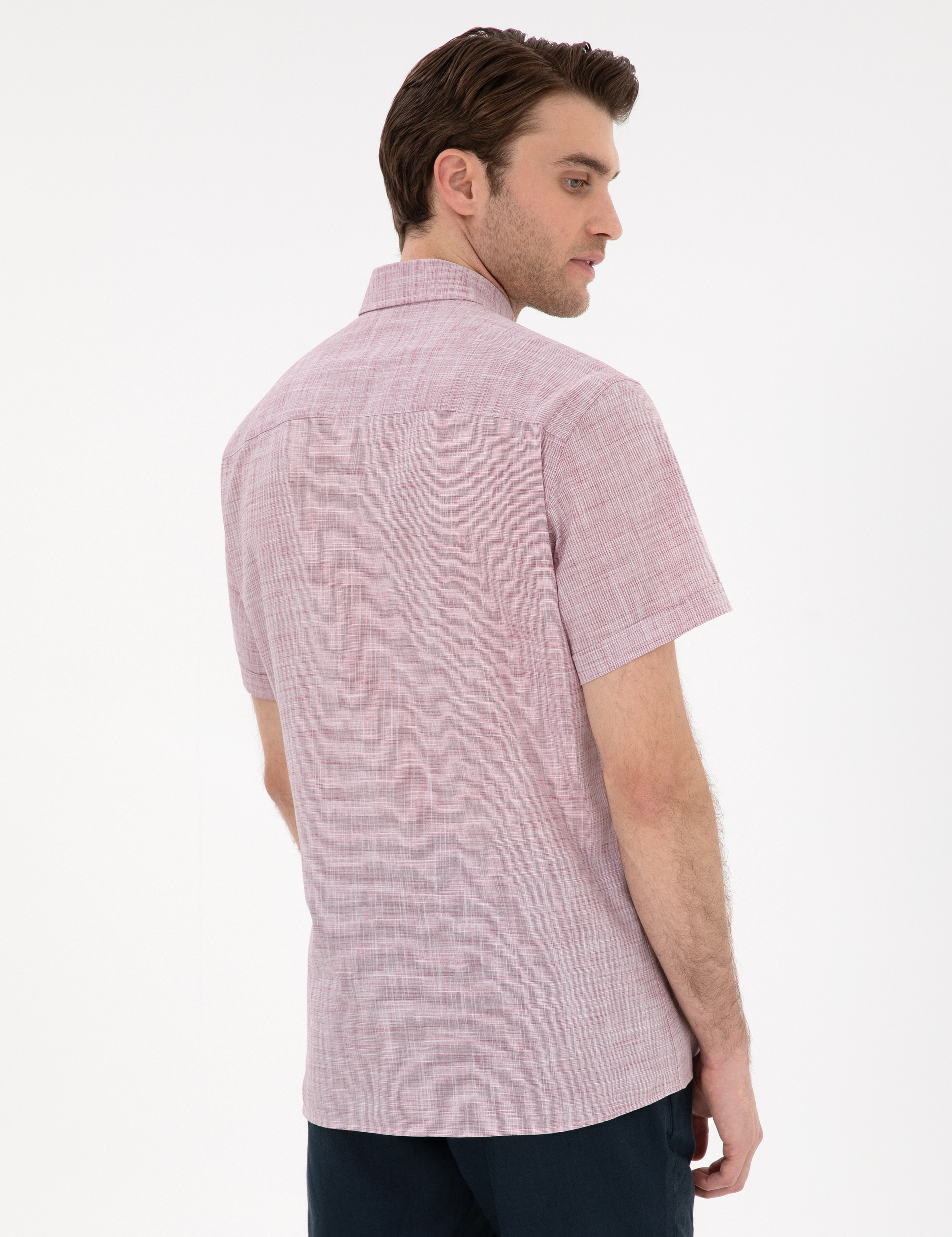 Bordo Keten Görünümlü Regular Fit Kısa Kollu Gömlek - Image 5