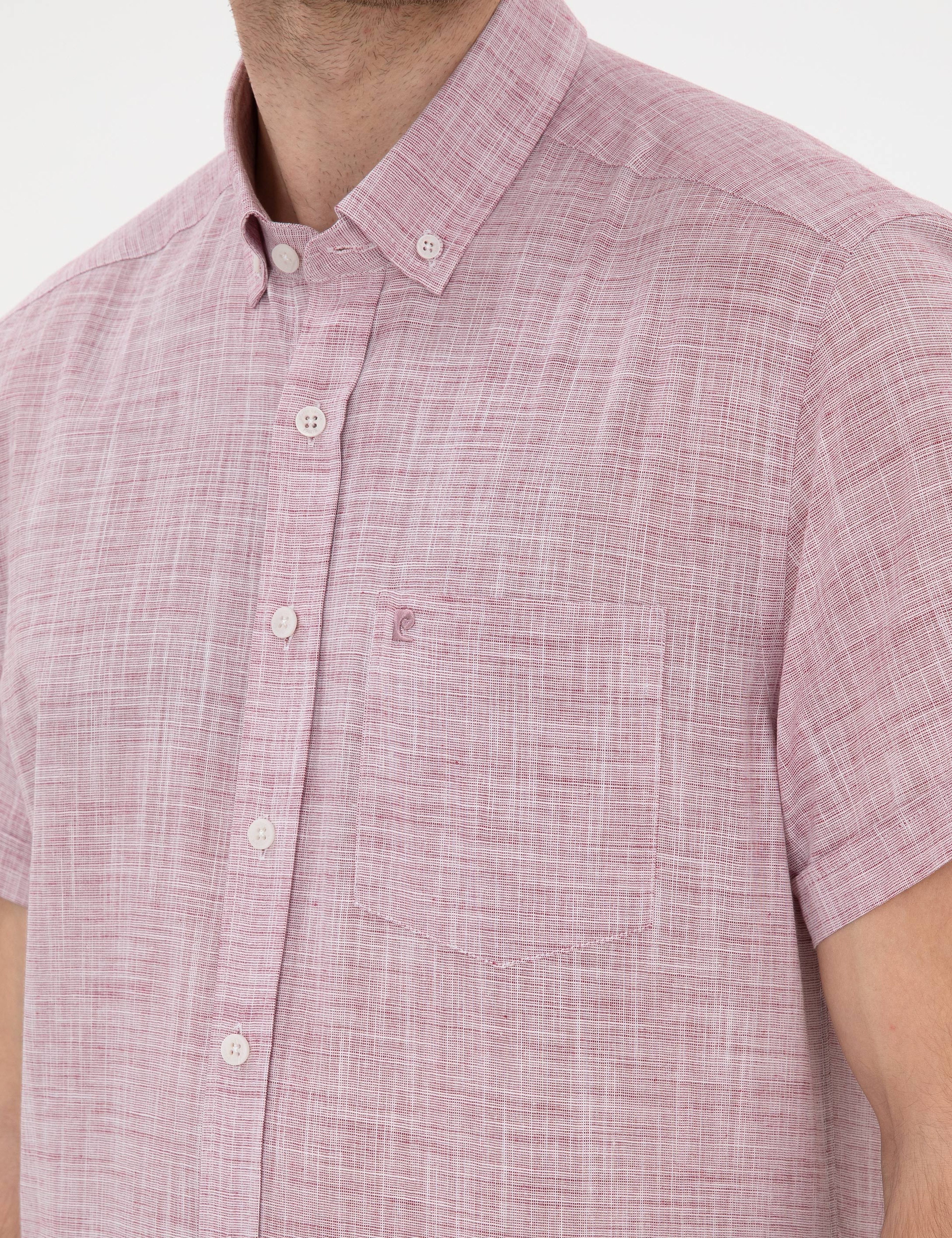Bordo Keten Görünümlü Regular Fit Kısa Kollu Gömlek