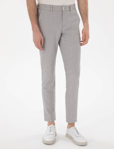 Gri Slim Fit Keten Karışımlı Çizgili Kanvas Pantolon