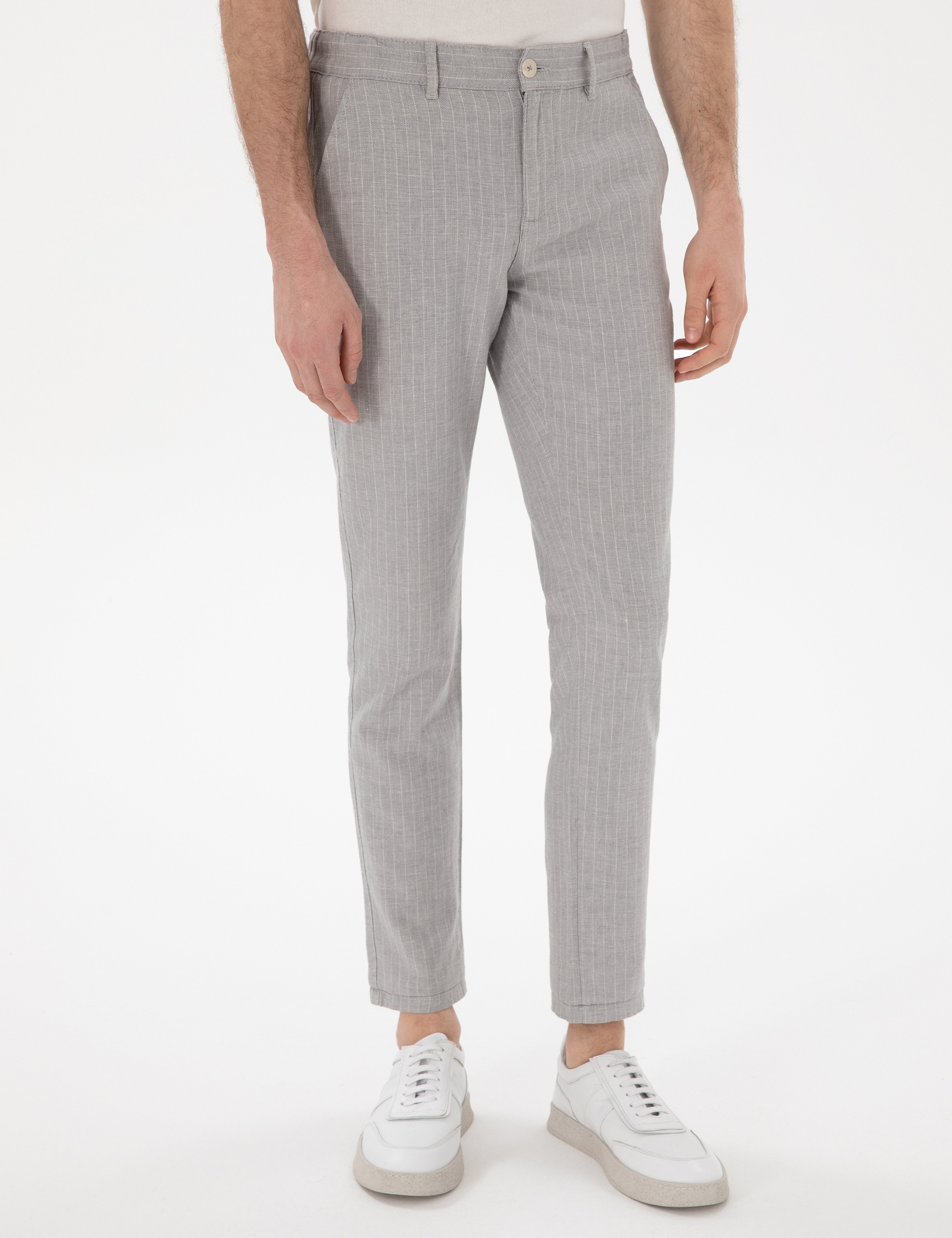 Gri Slim Fit Keten Karışımlı Çizgili Kanvas Pantolon