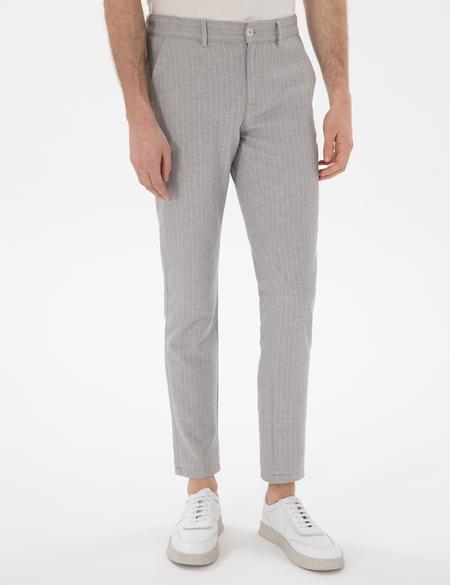 Gri Slim Fit Keten Karışımlı Çizgili Kanvas Pantolon - 50301778084