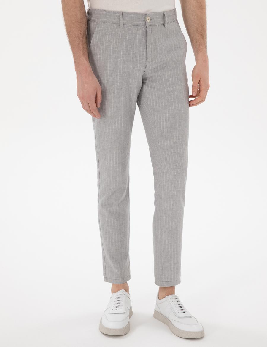 Gri Slim Fit Keten Karışımlı Çizgili Kanvas Pantolon