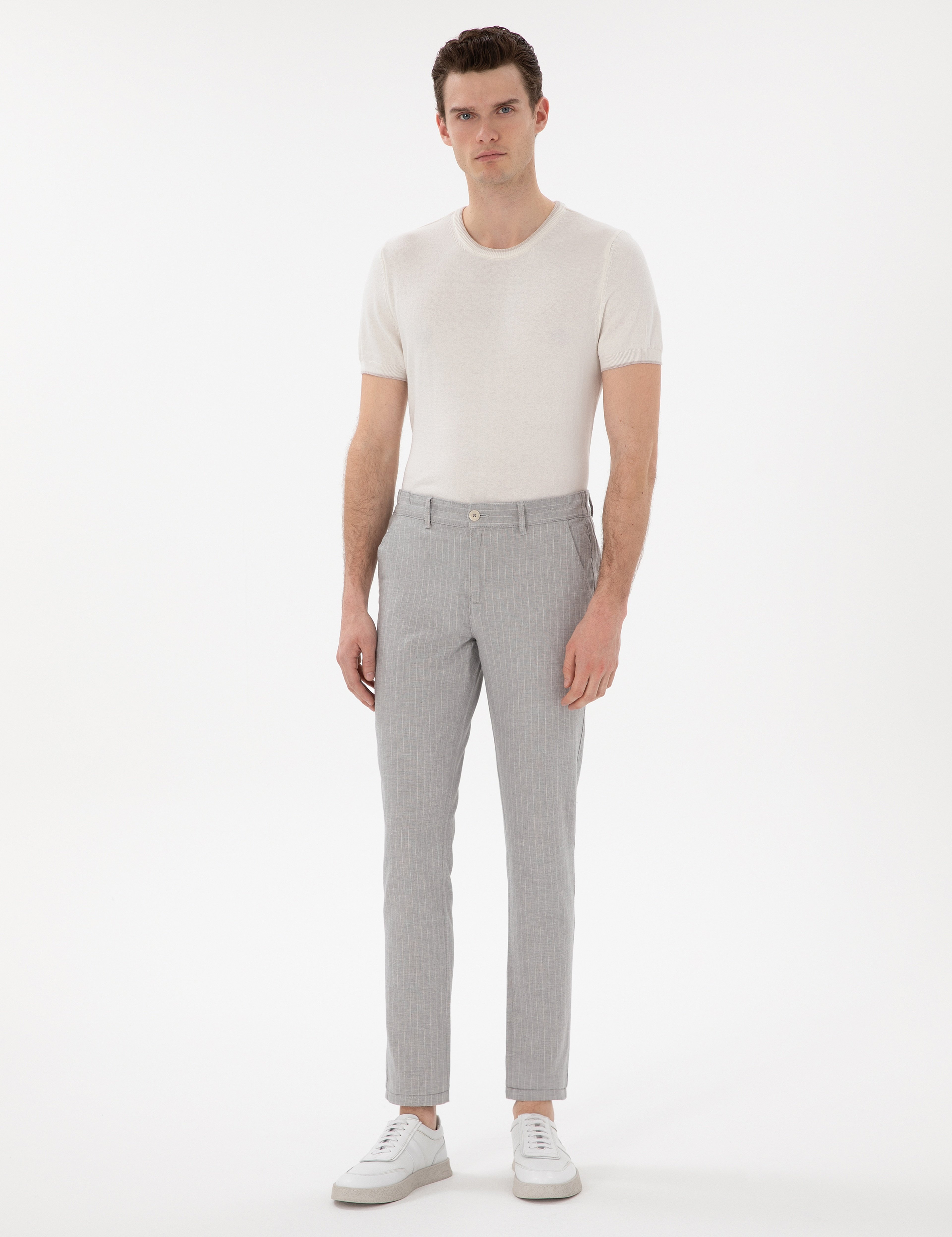 Gri Slim Fit Keten Karışımlı Çizgili Kanvas Pantolon - Image 1