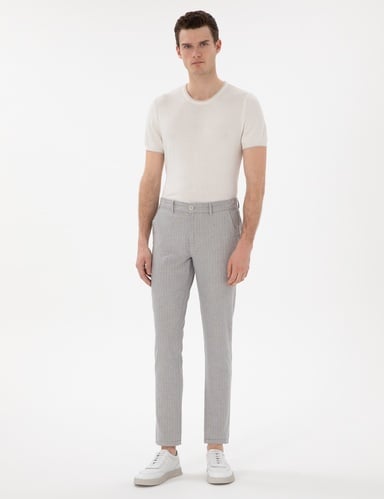 Gri Slim Fit Keten Karışımlı Çizgili Kanvas Pantolon