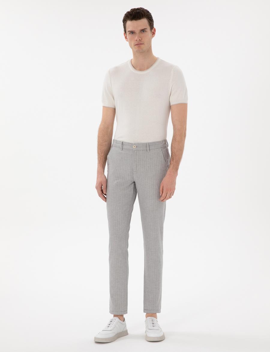 Gri Slim Fit Keten Karışımlı Çizgili Kanvas Pantolon