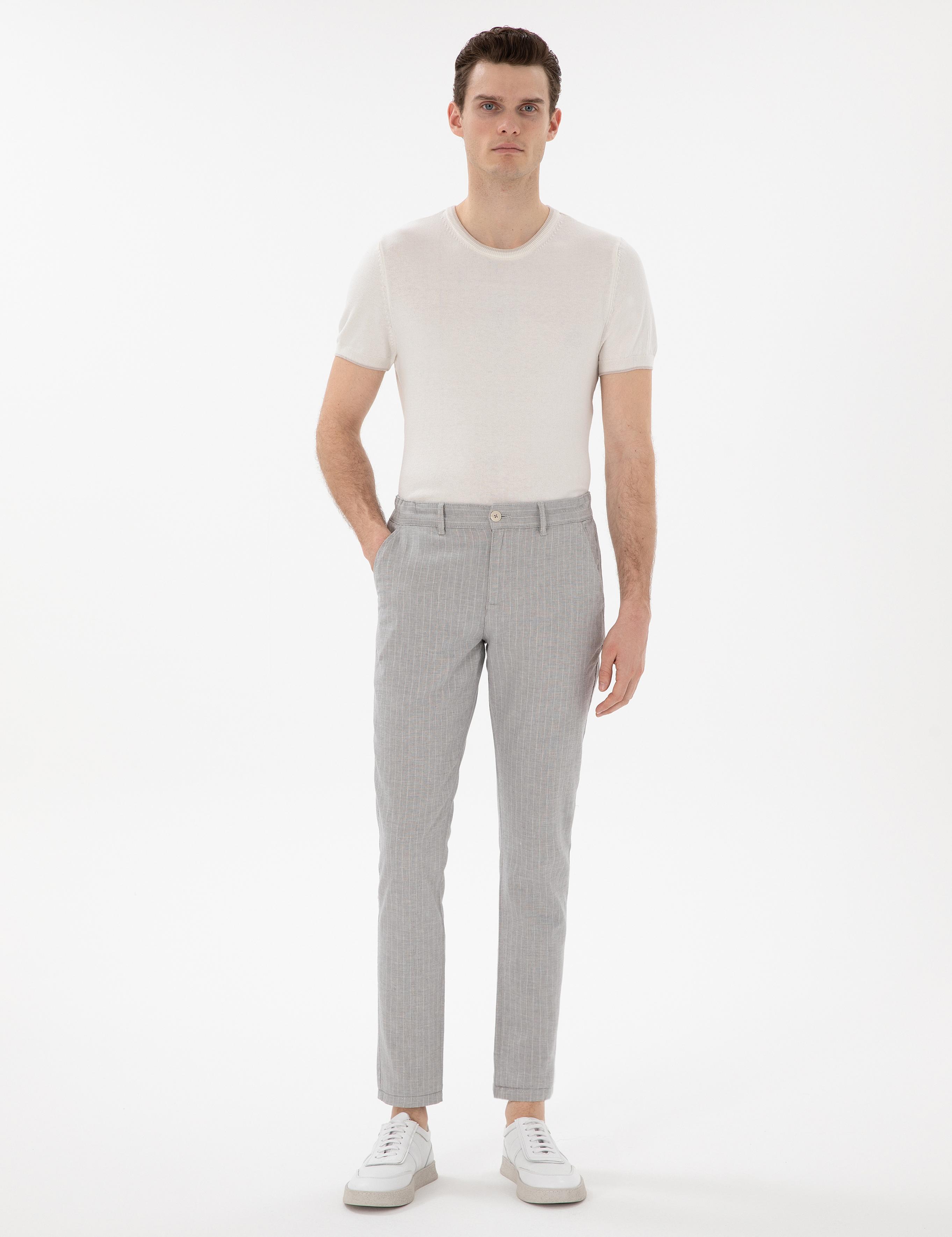 Gri Slim Fit Keten Karışımlı Çizgili Kanvas Pantolon