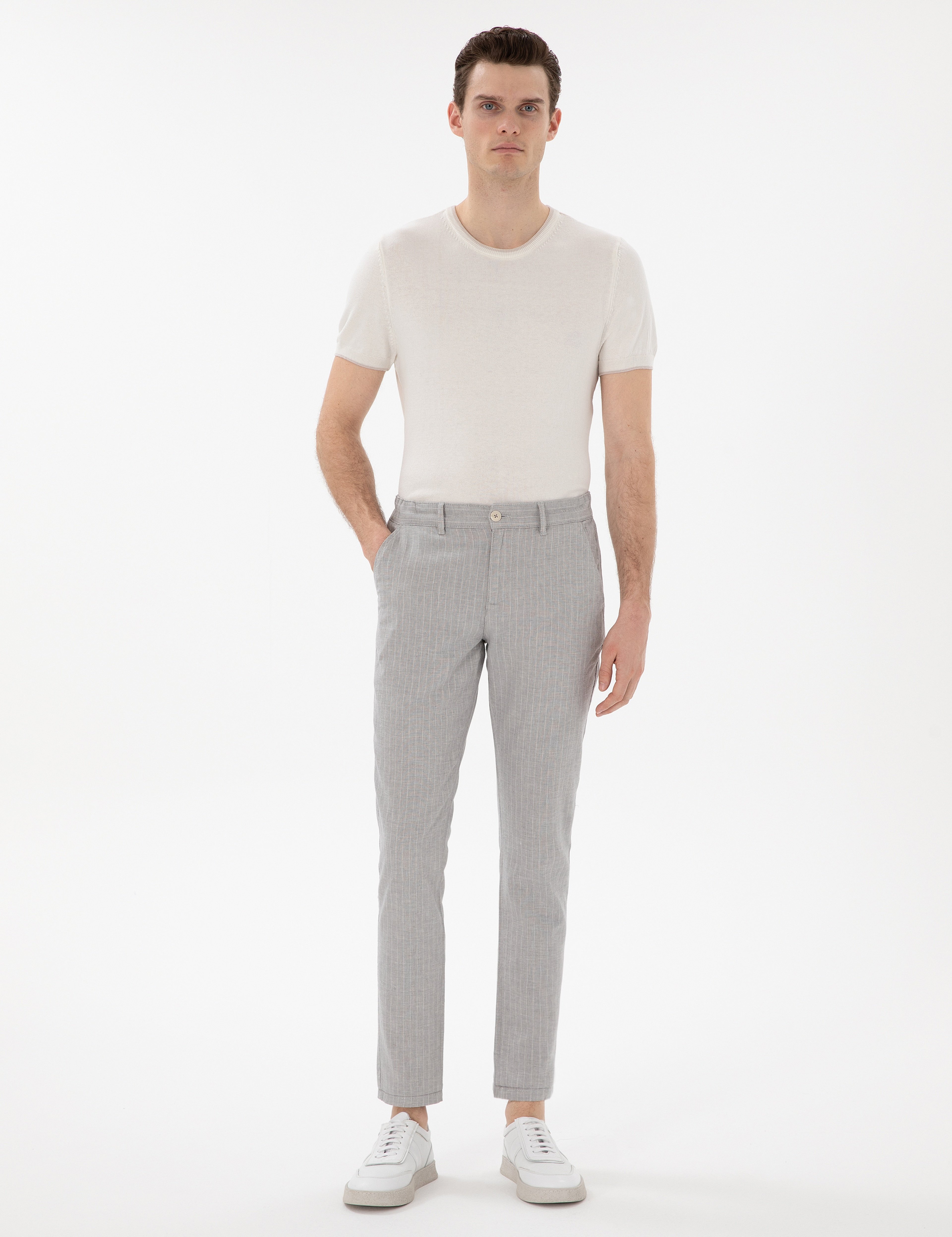 Gri Slim Fit Keten Karışımlı Çizgili Kanvas Pantolon - Image 3