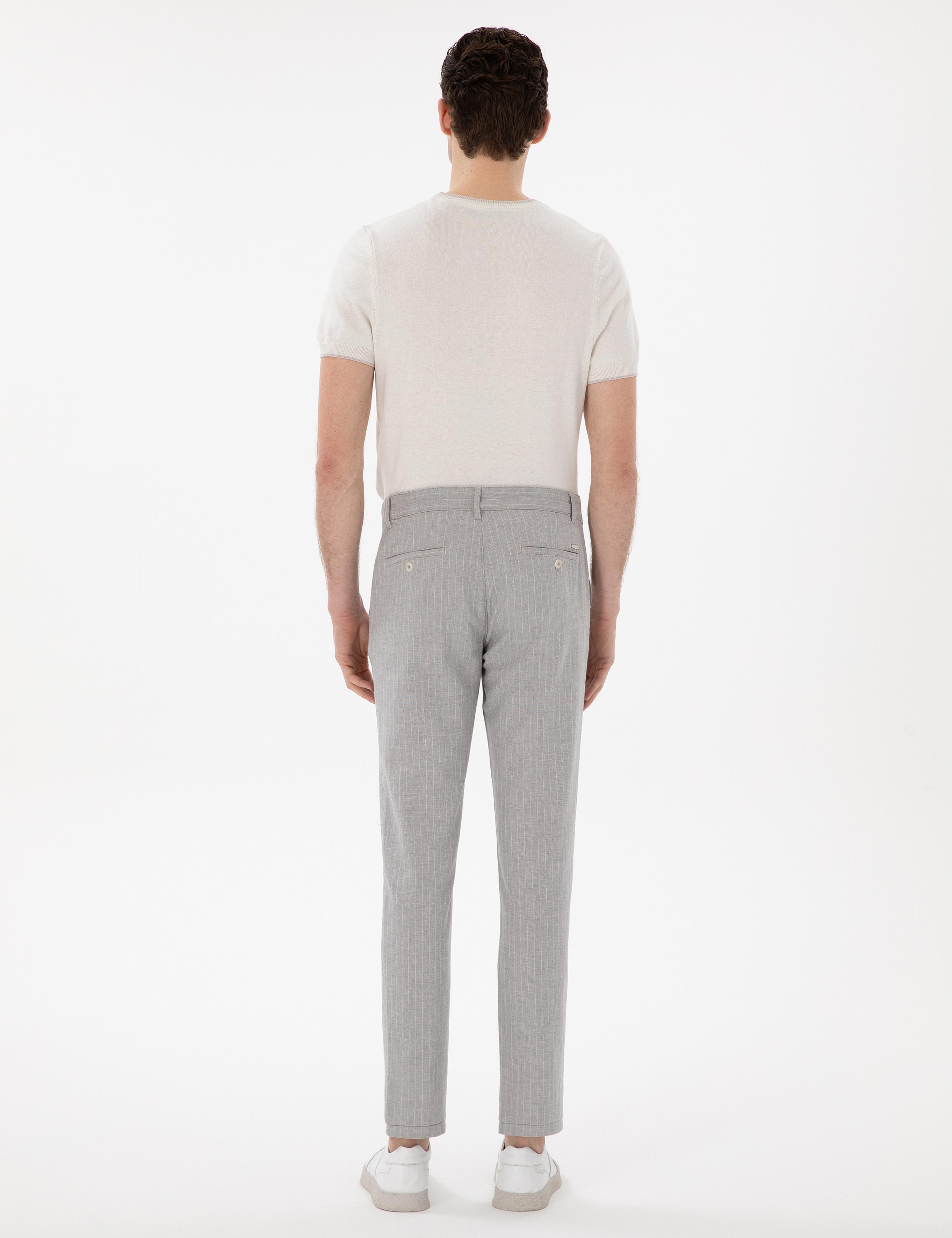 Gri Slim Fit Keten Karışımlı Çizgili Kanvas Pantolon