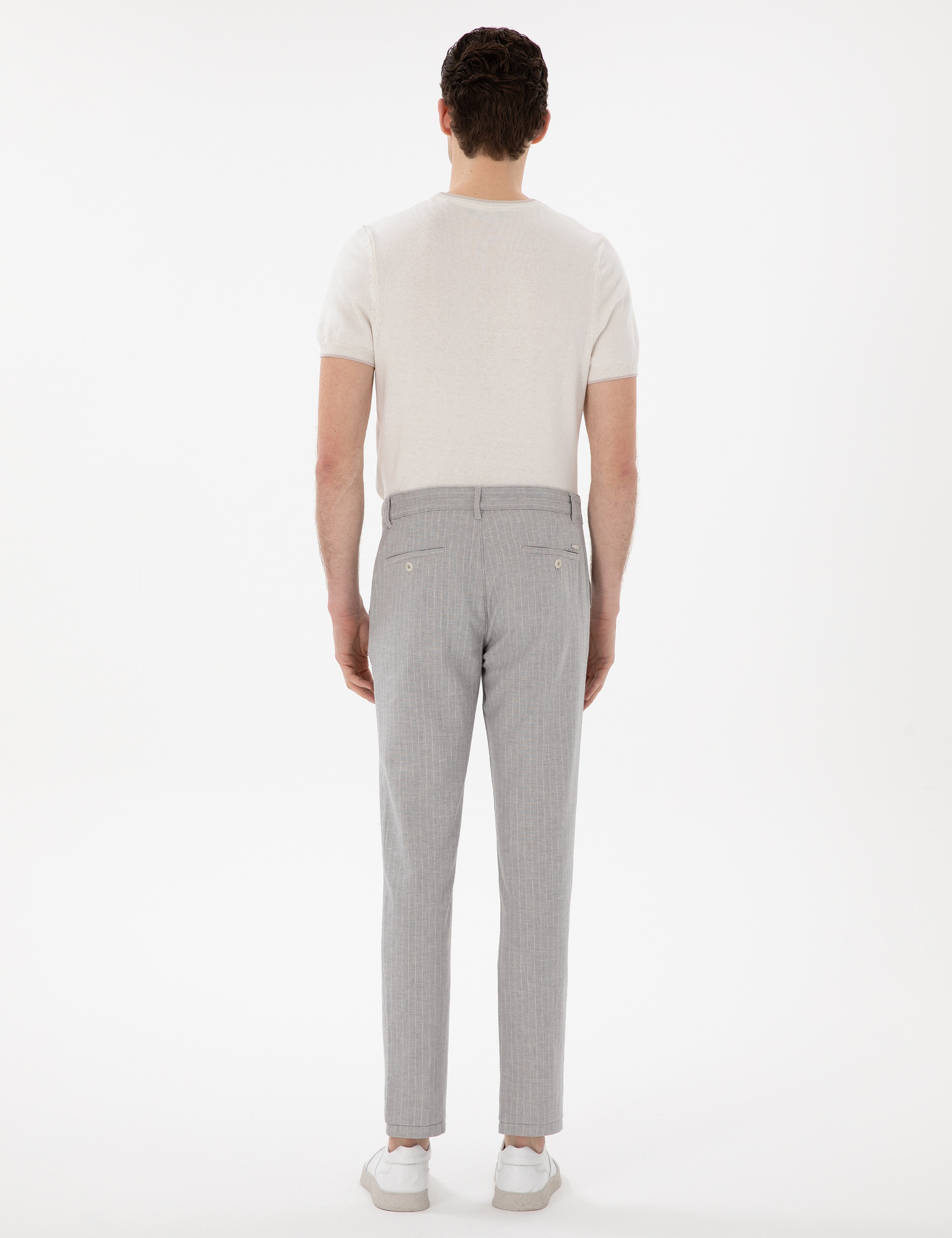 Gri Slim Fit Keten Karışımlı Çizgili Kanvas Pantolon - Image 4