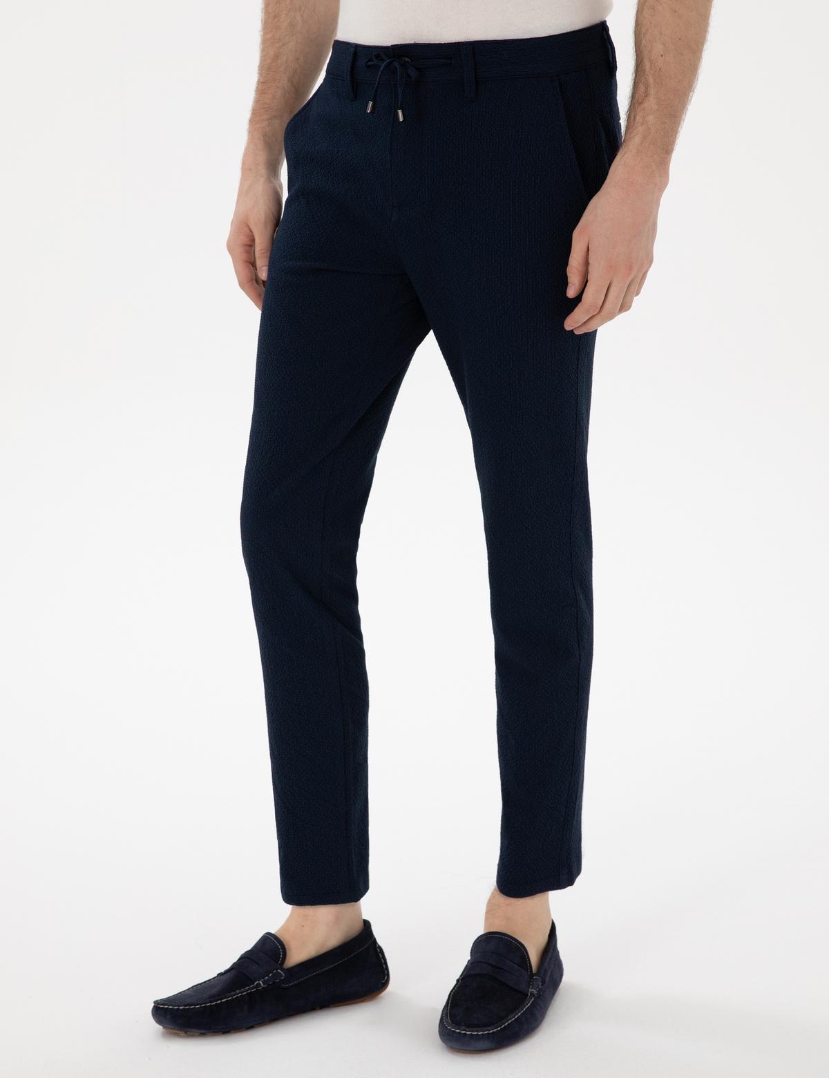 Lacivert Slim Fit Gofre Yazlık Kanvas Pantolon - 50305235274