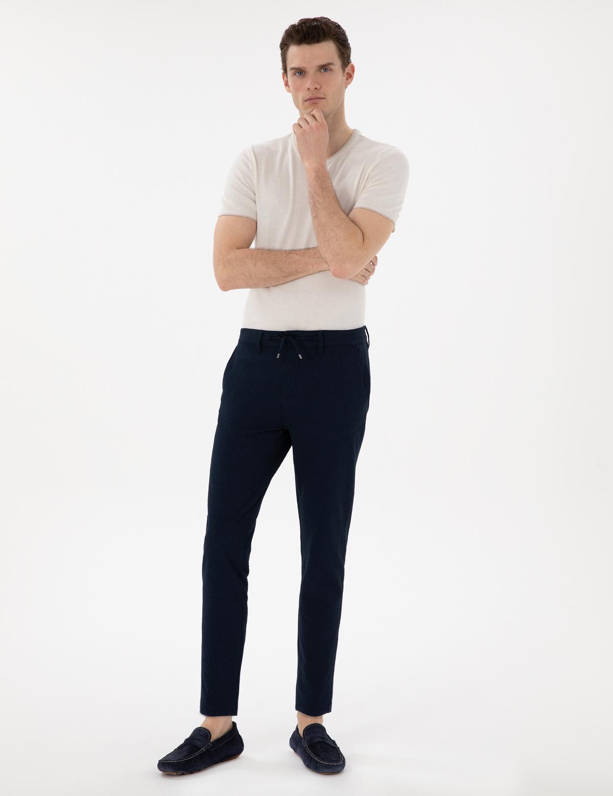 Lacivert Slim Fit Gofre Yazlık Kanvas Pantolon - 50305235274