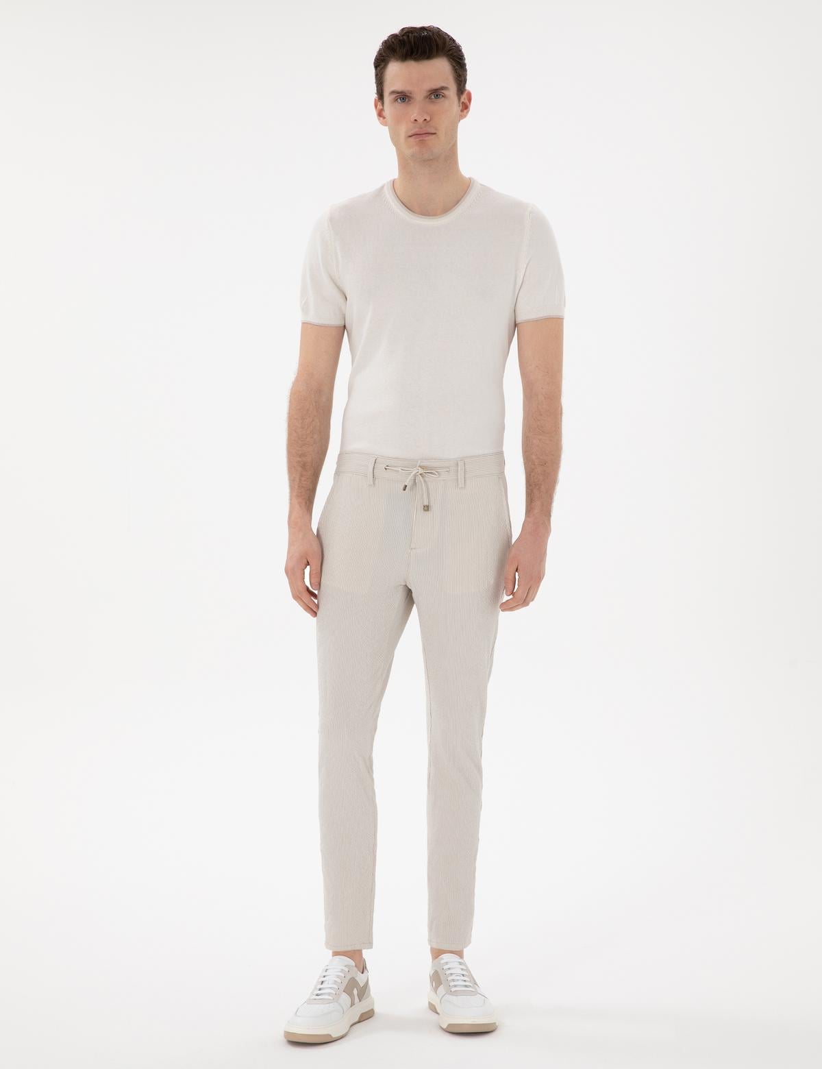 Bej Slim Fit Gofre Yazlık Kanvas Pantolon