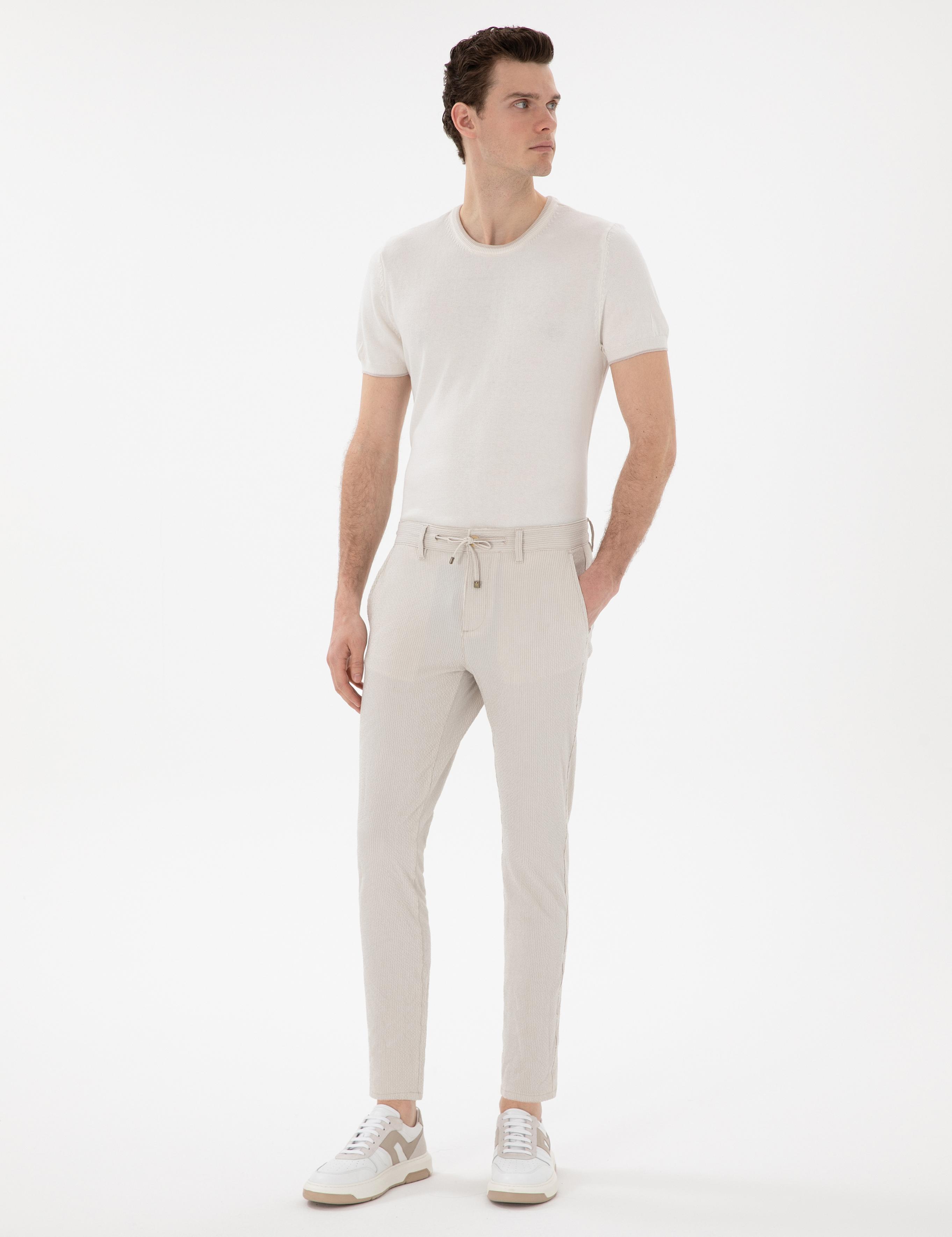 Bej Slim Fit Gofre Yazlık Kanvas Pantolon