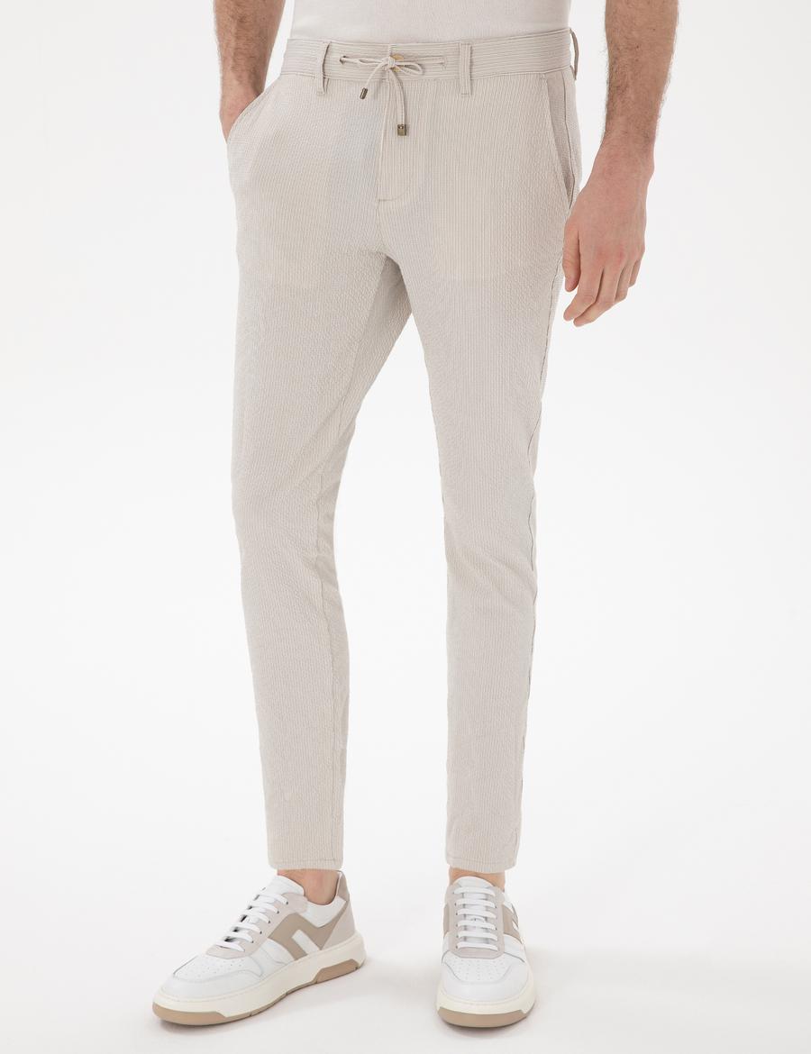 Bej Slim Fit Gofre Yazlık Kanvas Pantolon