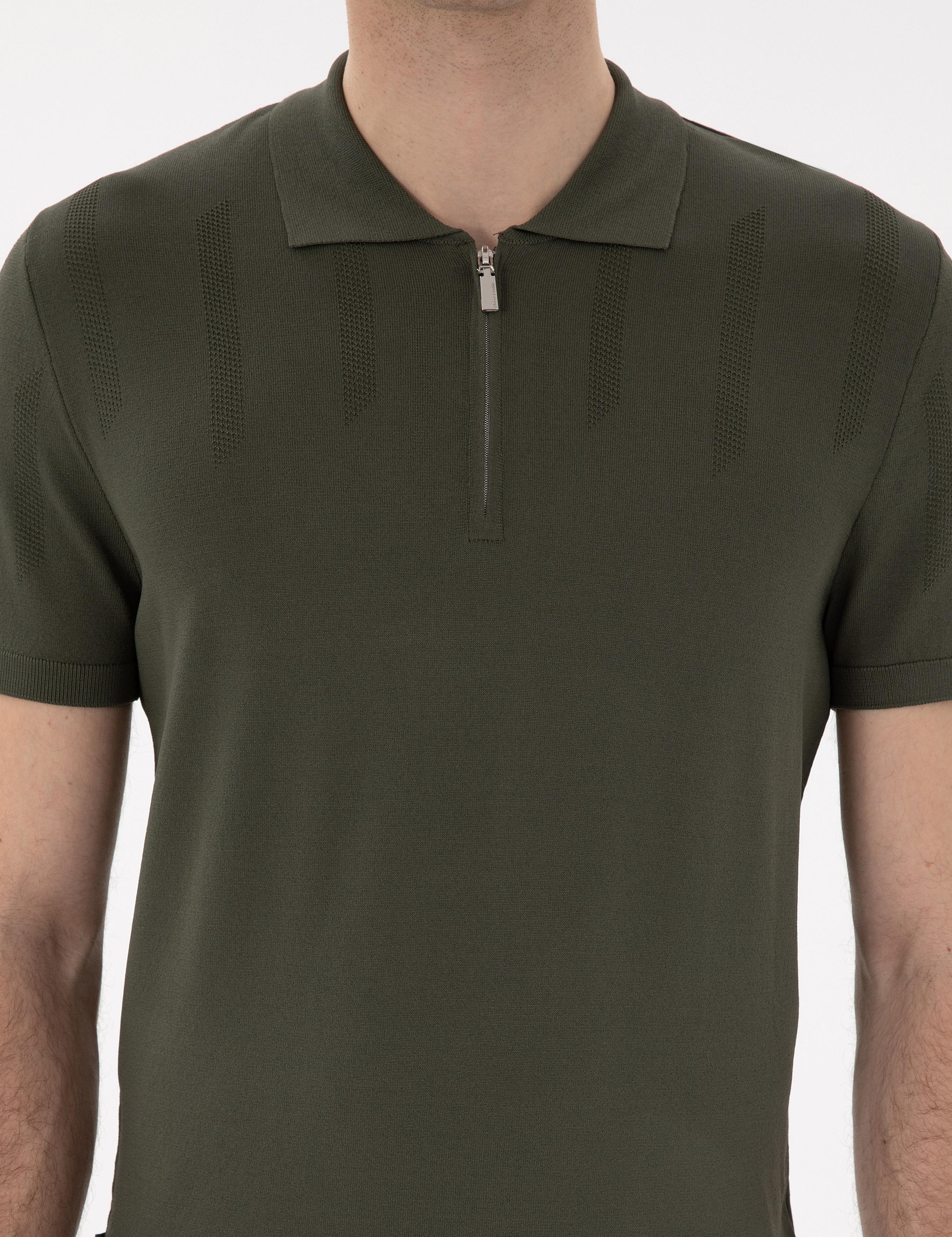 Haki Slim Fit Fermuarlı Polo Yaka Triko Tişört