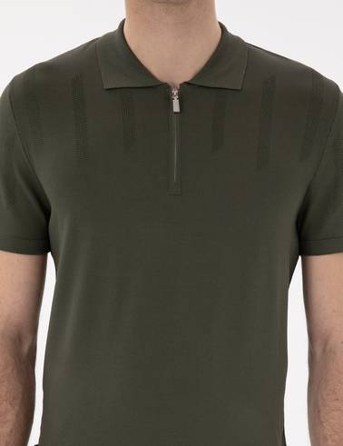Haki Slim Fit Fermuarlı Polo Yaka Triko Tişört
