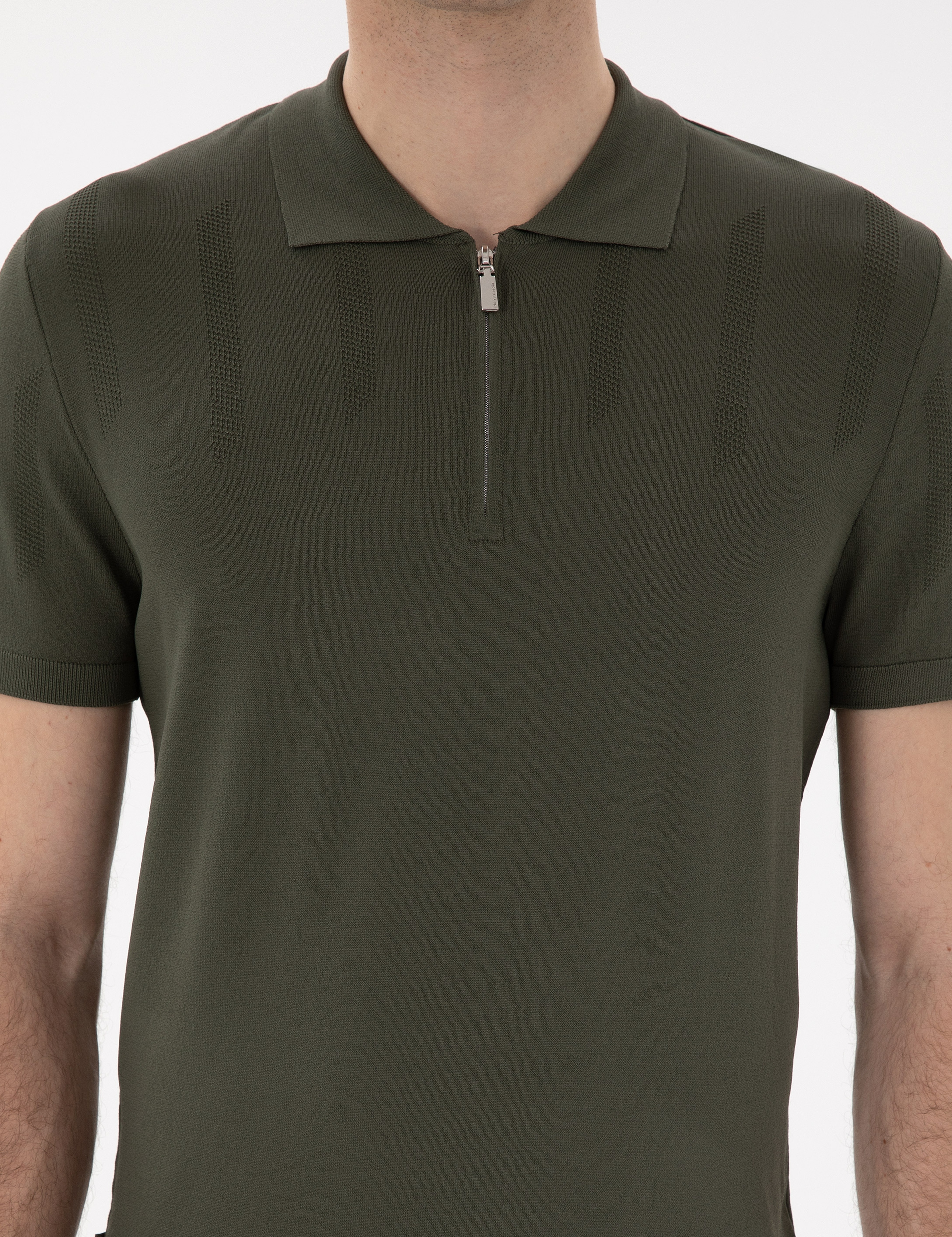 Haki Slim Fit Fermuarlı Polo Yaka Triko Tişört - Image 6