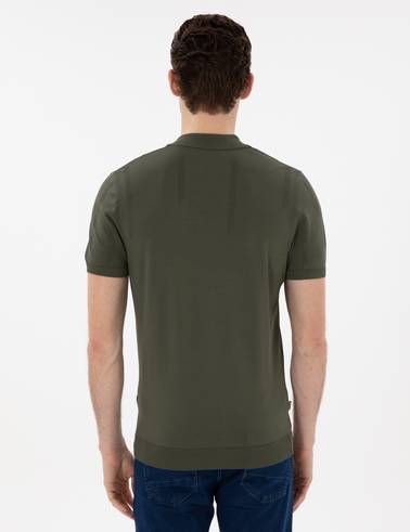 Haki Slim Fit Fermuarlı Polo Yaka Triko Tişört