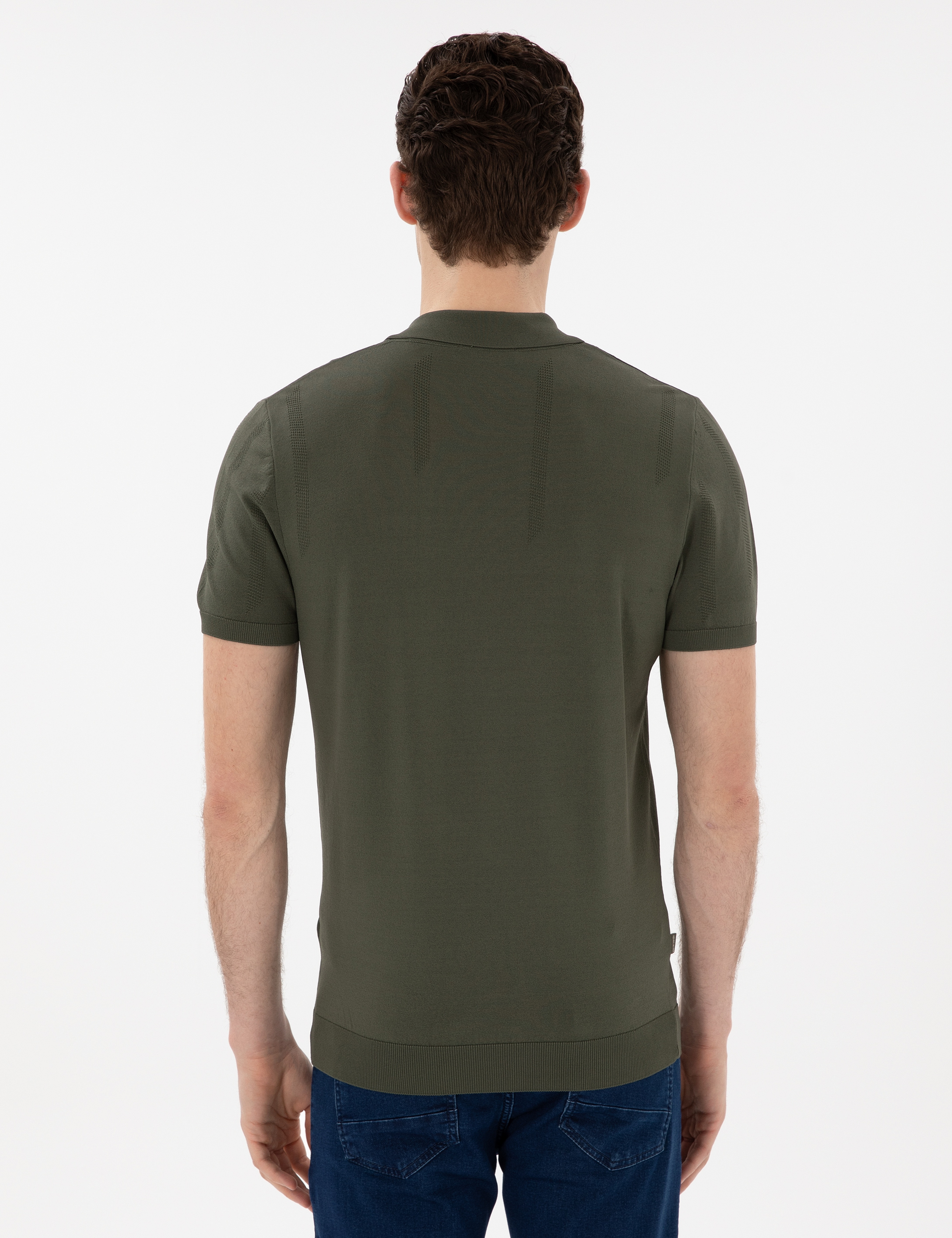 Haki Slim Fit Fermuarlı Polo Yaka Triko Tişört - Image 5