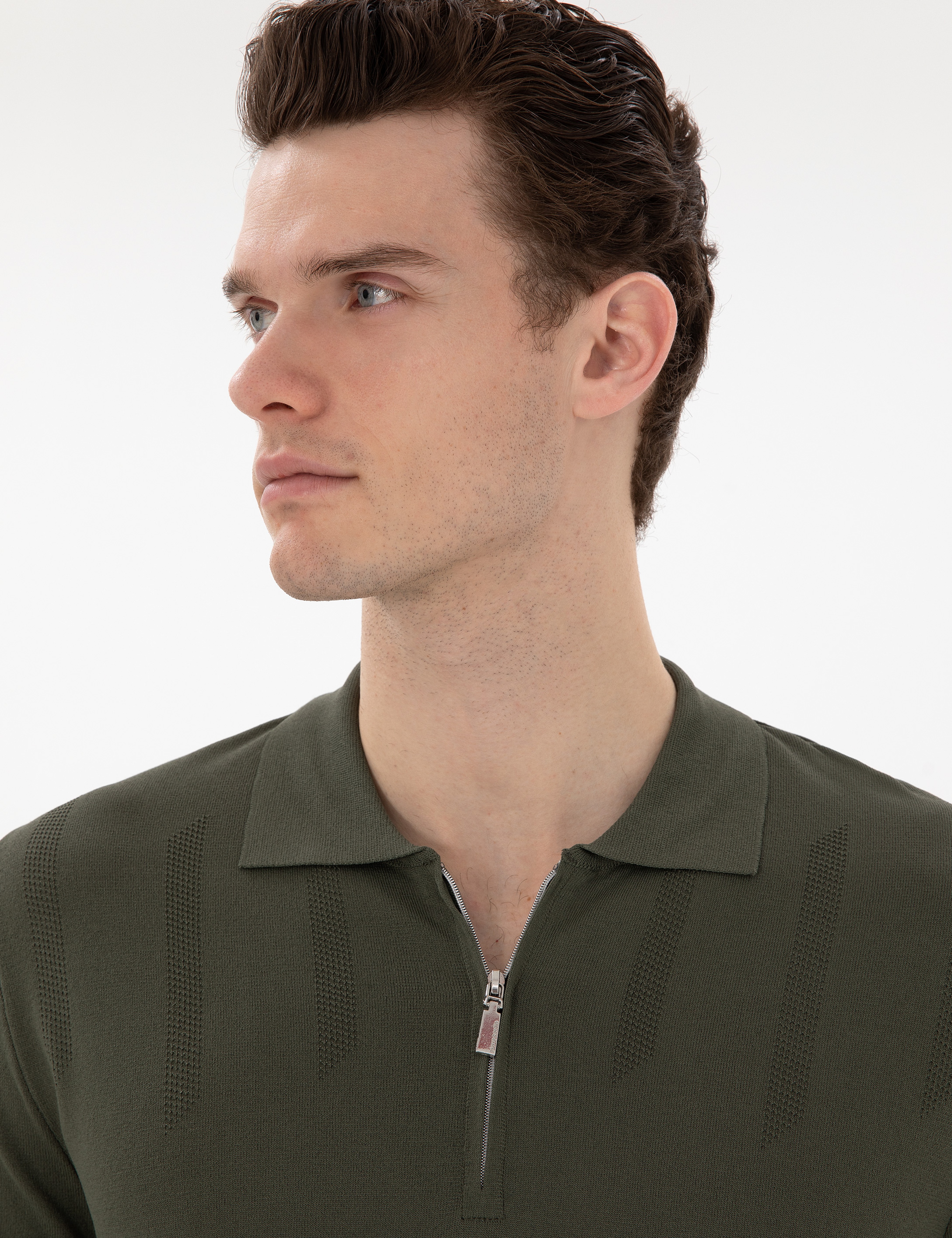 Haki Slim Fit Fermuarlı Polo Yaka Triko Tişört - Image 2