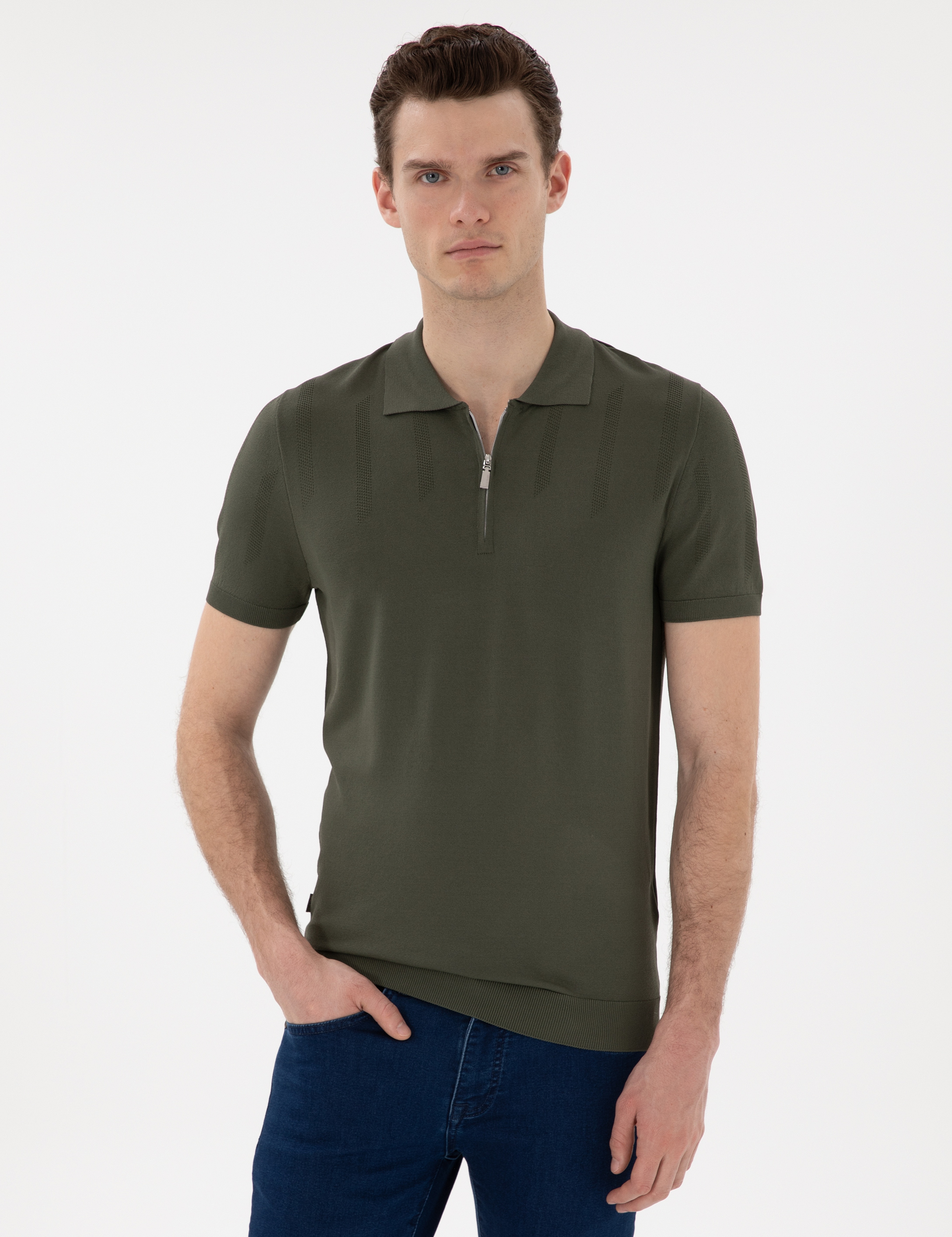 Haki Slim Fit Fermuarlı Polo Yaka Triko Tişört - Image 1