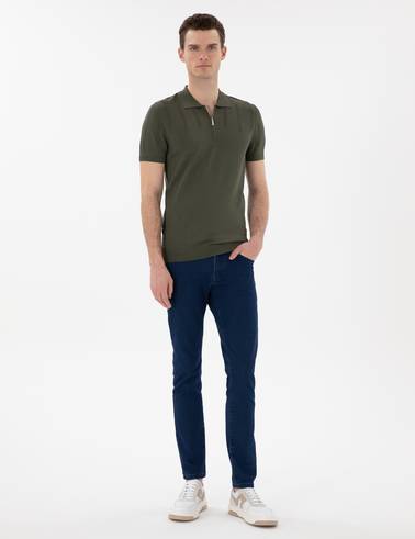 Haki Slim Fit Fermuarlı Polo Yaka Triko Tişört