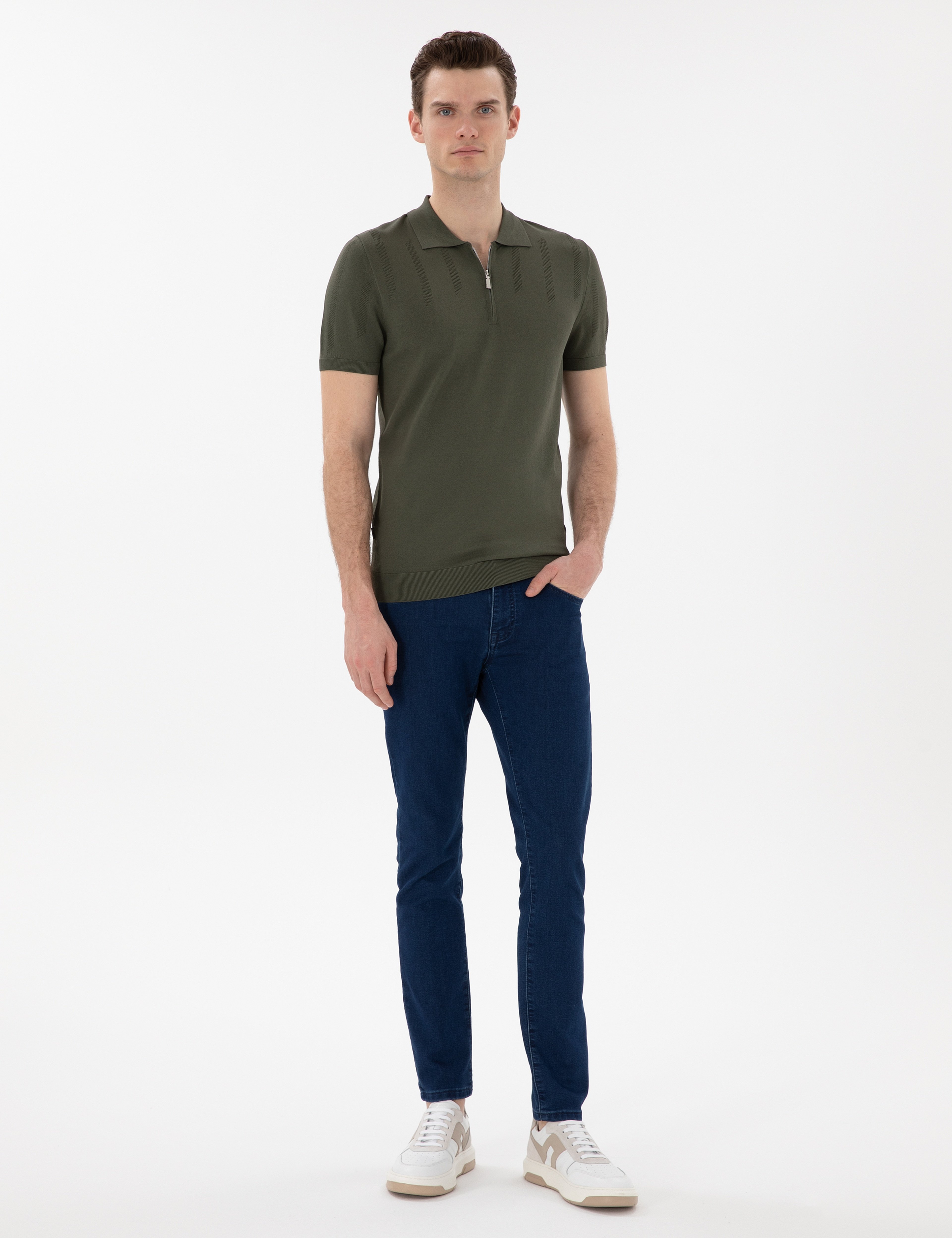 Haki Slim Fit Fermuarlı Polo Yaka Triko Tişört - Image 4