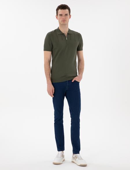 Haki Slim Fit Fermuarlı Polo Yaka Triko Tişört - 50305984016