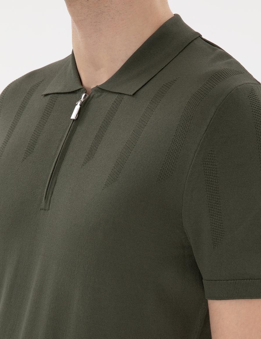 Haki Slim Fit Fermuarlı Polo Yaka Triko Tişört