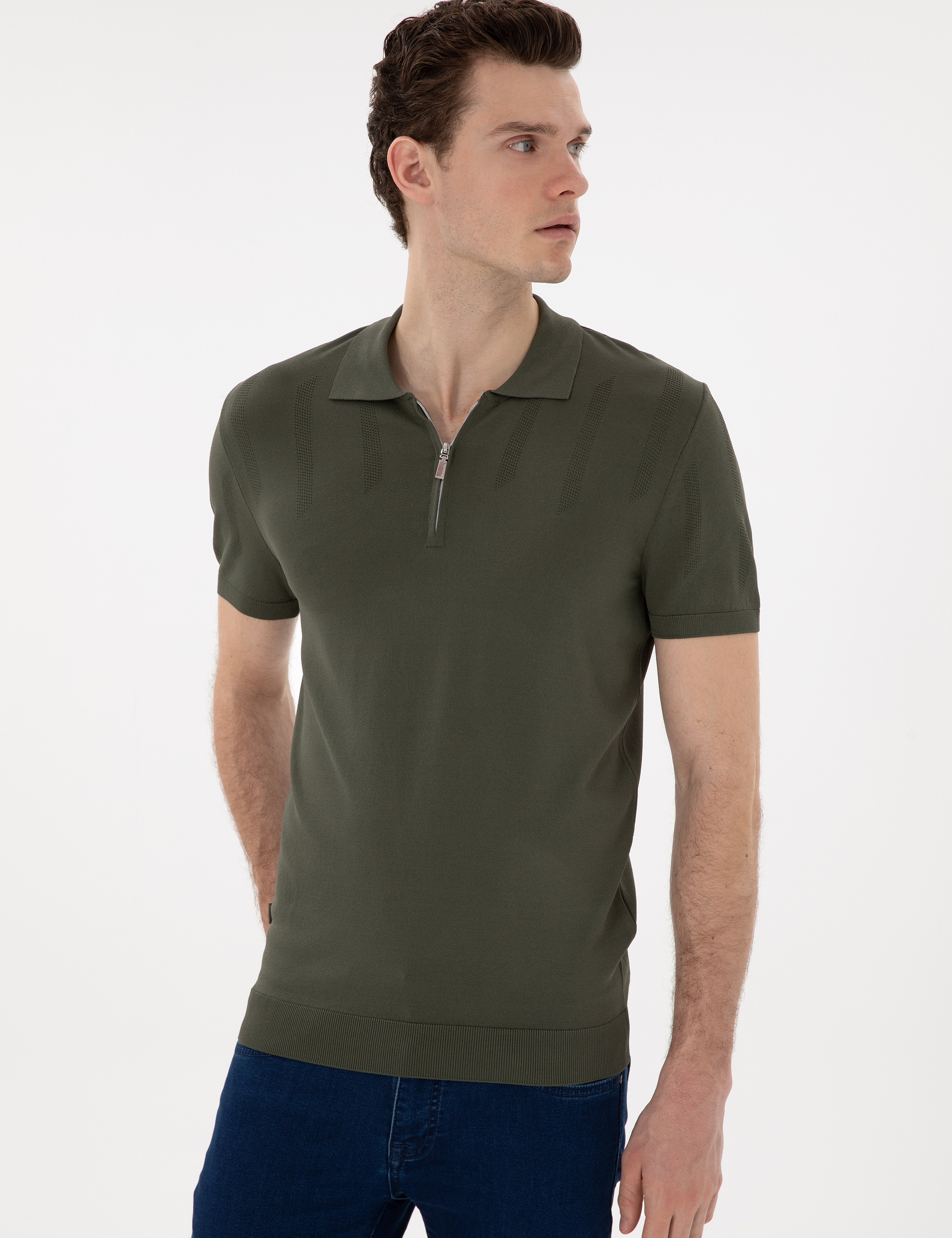 Haki Slim Fit Fermuarlı Polo Yaka Triko Tişört - Image 3