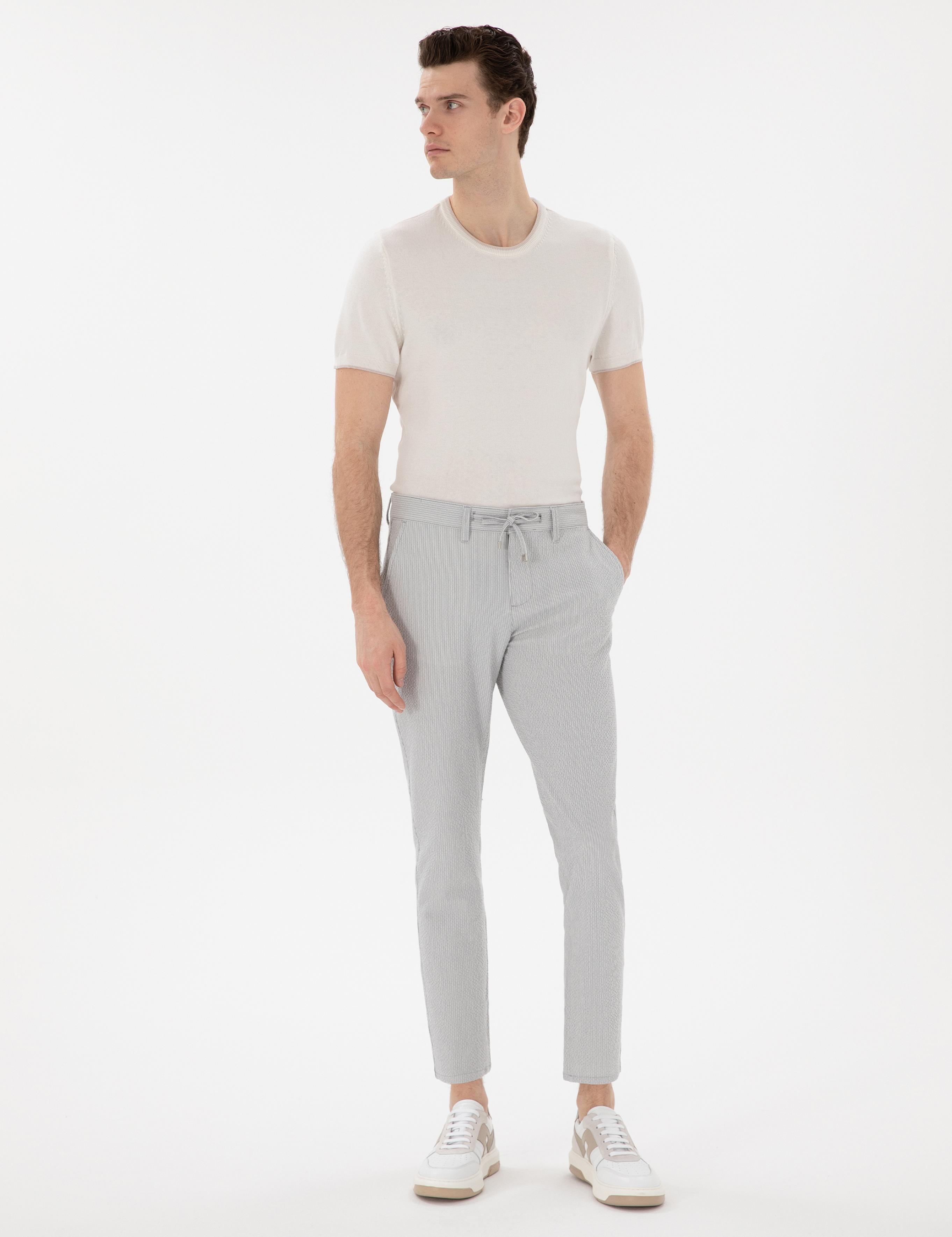 Gri Slim Fit Gofre Yazlık Kanvas Pantolon