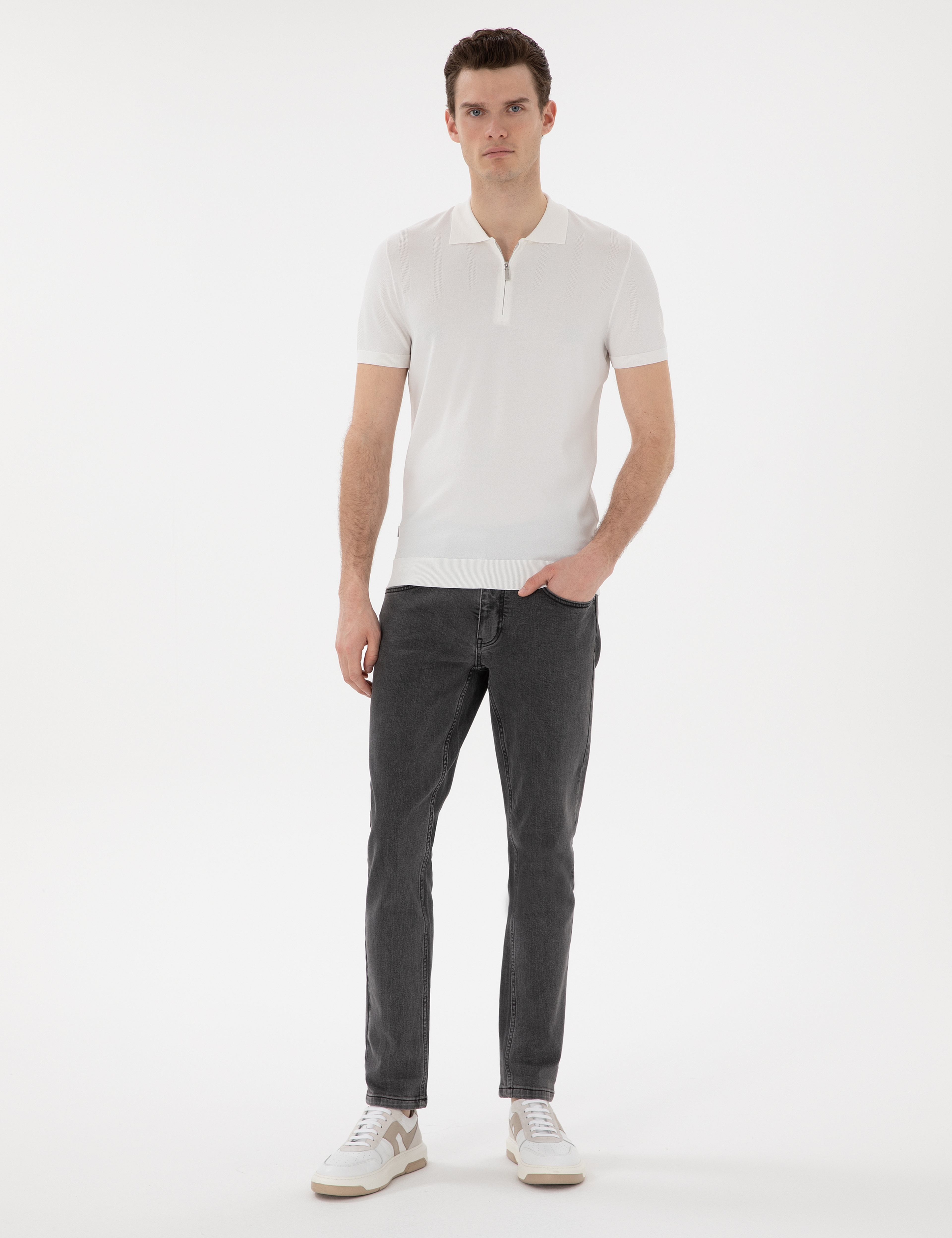 Ekru Slim Fit Fermuarlı Polo Yaka Triko Tişört - Image 4