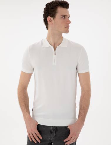 Ekru Slim Fit Fermuarlı Polo Yaka Triko Tişört