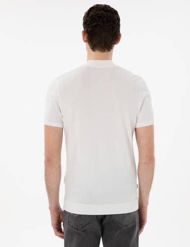 Ekru Slim Fit Fermuarlı Polo Yaka Triko Tişört