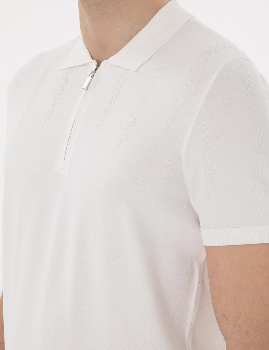 Ekru Slim Fit Fermuarlı Polo Yaka Triko Tişört