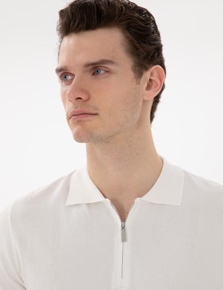 Ekru Slim Fit Fermuarlı Polo Yaka Triko Tişört - 50305984008