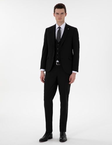 Siyah Extra Slim Fit Yelekli Takım Elbise